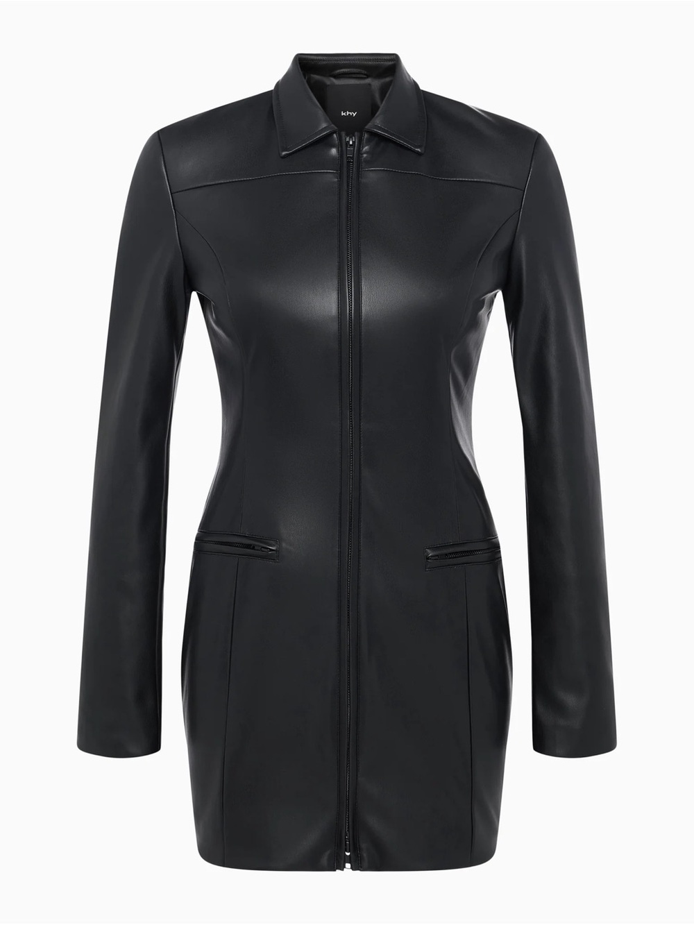 KHY Women’s Black Faux Leather Zip-Front Mini Dress - Picture 2 of 7